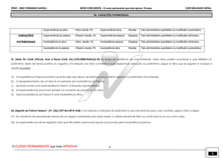PROF.: ONEI FERNANDO SAVIOLI NEON CONCURSOS – O curso permanente que mais aprova, 18 anos. CONTABILIDADE GERAL
O CURSO PERMANENTE que mais APROVA! 6
6
06. VARIAÇÕES PATRIMONIAIS.
Superveniência do ativo +Ativo resulta +PL Superveniência ativa Receita. Fato administrativo quantitativo ou modificativo aumentativo.
VARIAÇÕES Superveniência do passivo +Passivo resulta –PL Superveniência passiva Despesa. Fato administrativo quantitativo ou modificativo diminutivo.
PATRIMONIAIS Insubsistência do ativo –Ativo resulta –PL Insubsistência passiva Despesa Fato administrativo quantitativo ou modificativo diminutivo.
Insubsistência do passivo –Passivo resulta +PL Insubsistência ativa Receita. Fato administrativo quantitativo ou modificativo aumentativo.
01. [Anal. Fin. Contr.-(P3)-(Ar. Aud. e Fiscal.-Contr. Int.)-CGU/2008-ESAF].(Q.10) Ao longo da existência de uma entidade, vários fatos podem acontecer e que refletem no
patrimônio desta de forma positiva ou negativa. Em relação aos fatos contábeis e suas respectivas variações no patrimônio, julgue os itens que se seguem e marque a
opção incorreta.
a) A Insubsistência Passiva acontece quando algo que deixou de existir provocou efeito negativo no patrimônio da entidade.
b) O desaparecimento de um bem é um exemplo de Insubsistência do Passivo.
c) Quando ocorre uma Superveniência Passiva, a Situação Líquida diminui.
d) As Superveniências provocam sempre um aumento do passivo ou do ativo.
e) Toda Insubsistência do Passivo é uma Insubsistência Ativa.
02. [Agente da Polícia Federal – (Pr. Obj.) DPF-MJ/2014-UnB]. Com relação à natureza do patrimônio e aos mecanismos para o seu controle, julgue o item a seguir.
01) No momento da apropriação mensal de um seguro contratado para doze meses, o crédito deverá ser feito na conta bancos ou na conta caixa.
02) As superveniências ativas registram fatos que têm efeito patrimonial oposto ao provado pela insubsistência passivas.
 