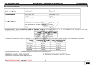 PROF.: ONEI FERNANDO SAVIOLI NEON CONCURSOS – O curso permanente que mais aprova, 18 anos. CONTABILIDADE GERAL
O CURSO PERMANENTE que mais APROVA! 8
8
08. TIPOS DE CONTINGÊNCIAS.
Tipo de contingência Probabilidade Tratamento
Contingência ativa Praticamente certa Reconhecer o ativo.
Provável Divulgar.
Possível ou remota Não divulgar.
Contingência passiva Provável
- mensurável com suficiente segurança Provisionar.
- não mensurável com suficiente segurança Divulgar.
Possível Divulgar.
Remota Não divulgar.
01. [Analista-(Ap. Téc. Espec.)-(Contabilidade)-(CD04)-(T1)-CNMP/2015-FCC].(Q.21) Uma empresa apresentou em seu Balanço Patrimonial de 31/12/2013 o saldo de R$
560.000,00 na conta Provisões, o qual era composto dos seguintes valores:
Processo Saldo em 31/12/2013 (R$)
Trabalhista 1 200.000,00
Fiscal (ICMS − 1) 360.000,00
Para a elaboração das demonstrações contábeis de 31/12/2014 foram obtidas as informações a seguir sobre os diversos processos que a empresa está respondendo:
Processo Probabilidade de Perda em
31/12/2014
Valor re-estimado da perda
em 31/12/2014 (R$)
Trabalhista 1 Provável 160.000,00
Fiscal (ICMS − 1) Possível 200.000,00
Fiscal (IRPJ) Possível 100.000,00
Ambiental Provável 80.000,00
Com base nestas informações, a empresa reconheceu na Demonstração de Resultados de 2014,
a) despesa com provisão no valor de R$ 80.000,00. d) despesa com provisão no valor de R$ 40.000,00.
b) despesa com provisão no valor de R$ 240.000,00. e) ganho líquido com provisão no valor de R$ 320.000,00.
c) ganho líquido com provisão no valor de R$ 160.000,00.
 