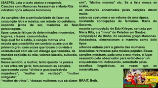 z
(SAEPE). Leia o texto abaixo e responda.
Canções com Mamonas Assassinas e Maria Rita
retratam tipos urbanos femininos
As canções têm a particularidade de fazer, na
conjunção letra e música, um retrato do cotidiano,
expondo jeitos de ser, maneiras de falar,
personagens,
tipos característicos de determinados momentos,
lugares, classes, comunidades.
Seja qual for o estilo, a canção motiva uma
escuta que possibilita um contato quase que de
primeiro grau com vozes que tocam o ouvinte e
estabelecem com ele um diálogo que tematiza, de
maneira explícita ou não, valores sociais, culturais,
morais.
Nesse sentido, a mulher, tanto quanto na poesia
e nas artes em geral, tem povoado as canções,
aparecendo como “divina e graciosa/estrela
majestosa”, “mulher de verdade”, “mulher
indigesta”,
“mulher de trinta”, “dessas mulheres que só dizem
sim”, “Marina morena” etc. Se a lista nunca se
acaba,
as mulheres encarnadas pelas canções dizem
muito
sobre os costumes e os valores de uma época,
revelando concepções de feminino. Maria do
Socorro,
recente composição de Edu Krieger, cantada por
Maria Rita, e a “mina” de Pelados em Santos,
composição de Dinho, do saudoso grupo Mamonas
Assassinas, dimensionam a maneira como dois
tipos
urbanos entram para a galeria das mulheres
brasileiras retratadas pela música popular. Essas
canções mostram, cada uma a seu modo, o lugar
assumido pelo observador para estabelecer um
enquadramento, delineando, sobretudo pelas
escolhas linguísticas, as vozes que as
materializam.
BRAIT, Beth.
 