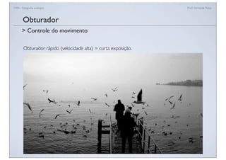 FAN - Fotograﬁa analógica Prof.a Fernanda Pozza
Obturador rápido (velocidade alta) = curta exposição.
Obturador
> Controle do movimento
 