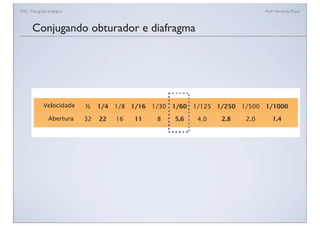 FAN - Fotograﬁa analógica Prof.a Fernanda Pozza
Conjugando obturador e diafragma
 