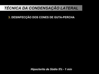 TÉCNICA DA CONDENSAÇÃO LATERAL 3.  DESINFECÇÃO DOS CONES DE GUTA-PERCHA   Hipoclorito de Sódio 5% - 1 min 