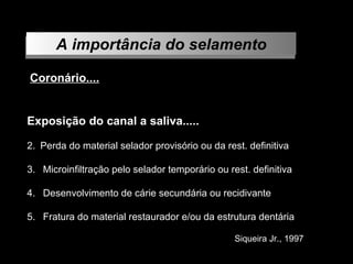A importância do selamento Coronário.... Exposição do canal a saliva..... Perda do material selador provisório ou da rest. definitiva Microinfiltração pelo selador temporário ou rest. definitiva Desenvolvimento de cárie secundária ou recidivante Fratura do material restaurador e/ou da estrutura dentária Siqueira Jr., 1997 