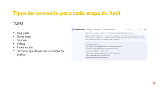 Tipos de conteúdo para cada etapa do funil
TOFU
• Blog posts
• Guest posts
• Podcasts
• Vídeos
• Redes sociais
• Formatos que despertem a atenção do
público
 