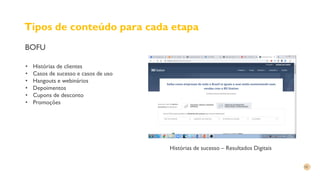 Tipos de conteúdo para cada etapa
BOFU
• Histórias de clientes
• Casos de sucesso e casos de uso
• Hangouts e webinários
• Depoimentos
• Cupons de desconto
• Promoções
Histórias de sucesso – Resultados Digitais
 