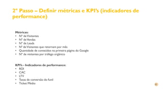 2º Passo – Definir métricas e KPI’s (indicadores de
performance)
Métricas:
• Nº deVisitantes
• Nº deVendas
• Nº de Leads
• Nª deVisitantes que retornam por mês
• Quantidade de conteúdos na primeira página do Google
• Nº de visitantes por tráfego orgânico
KPI’s - Indicadores de performance:
• ROI
• CAC
• LTV
• Taxas de conversão do funil
• Ticket Médio
 
