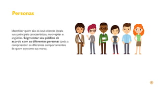 Personas
Identificar quem são os seus clientes ideais,
suas principais características, motivações e
angústias. Segmentar seu público de
acordo com as diferentes personas ajuda a
compreender os diferentes comportamentos
de quem consome sua marca.
 