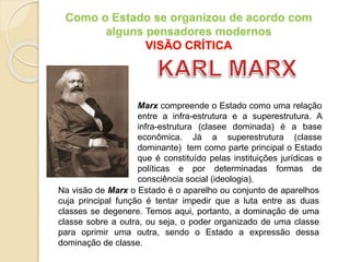 VISÃO CRÍTICA
Marx compreende o Estado como uma relação
entre a infra-estrutura e a superestrutura. A
infra-estrutura (clasee dominada) é a base
econômica. Já a superestrutura (classe
dominante) tem como parte principal o Estado
que é constituído pelas instituições jurídicas e
políticas e por determinadas formas de
consciência social (ideologia).
Na visão de Marx o Estado é o aparelho ou conjunto de aparelhos
cuja principal função é tentar impedir que a luta entre as duas
classes se degenere. Temos aqui, portanto, a dominação de uma
classe sobre a outra, ou seja, o poder organizado de uma classe
para oprimir uma outra, sendo o Estado a expressão dessa
dominação de classe.
 