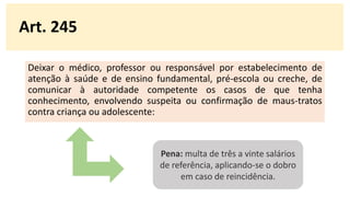 Deixar o médico, professor ou responsável por estabelecimento de
atenção à saúde e de ensino fundamental, pré-escola ou creche, de
comunicar à autoridade competente os casos de que tenha
conhecimento, envolvendo suspeita ou confirmação de maus-tratos
contra criança ou adolescente:
Art. 245
Pena: multa de três a vinte salários
de referência, aplicando-se o dobro
em caso de reincidência.
 