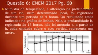 Questão 6: ENEM 2017 Pg. 60
 Num dia de tempestade, a alteração na profundidade
de um rio, num determinado local, foi registrada
durante um período de 4 horas. Os resultados estão
indicados no gráfico de linhas. Nele, a profundidade h,
registrada às 13 horas, não foi anotada e, a partir de
h, cada unidade sobre o eixo vertical representa um
metro.
 