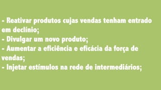 - Reativar produtos cujas vendas tenham entrado
em declínio;
- Divulgar um novo produto;
- Aumentar a eficiência e eficácia da força de
vendas;
- Injetar estímulos na rede de intermediários;
 