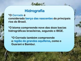 Hidrografia
*O Cerrado é
considerado berço das nascentes do principais
rios do Brasil.
*O bioma compreende nove das doze bacias
hidrográficas brasileiras, segundo o IBGE.
*O Cerrado também compreende
a região de grandes aquíferos, como o
Guarani e Bambuí.
 