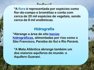 Hidrografia
*Abrange a área de oito bacias
hidrográficas, alimentadas por rios como o
São Francisco, Paraíba do Sul e Rio Paraná.
*A Mata Atlântica abrange também um
dos maiores aquíferos do mundo: o
Aquífero Guarani.
*A flora é representada por espécies como
flor-do-campo e bromélias e conta com
cerca de 20 mil espécies de vegetais, sendo
cerca de 8 mil endêmicas.
 