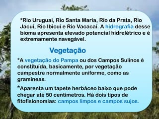 Vegetação
*A vegetação do Pampa ou dos Campos Sulinos é
constituída, basicamente, por vegetação
campestre normalmente uniforme, como as
gramíneas.
*Aparenta um tapete herbáceo baixo que pode
chegar até 50 centímetros. Há dois tipos de
fitofisionomias: campos limpos e campos sujos.
*Rio Uruguai, Rio Santa Maria, Rio da Prata, Rio
Jacuí, Rio Ibicuí e Rio Vacacaí. A hidrografia desse
bioma apresenta elevado potencial hidrelétrico e é
extremamente navegável.
 