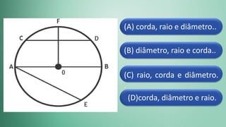 (D)corda, diâmetro e raio.
(C) raio, corda e diâmetro.
.
(B) diâmetro, raio e corda..
(A) corda, raio e diâmetro..
 