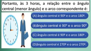 (D)ângulo central é 270º e o arco 270º.
(C) ângulo central é 90º e o arco 180º .
(B)ângulo central é 90º e o arco 90º
.
(A) ângulo central é 90º e o arco 180º.
Portanto, às 3 horas, a relação entre o ângulo
central (menor ângulo) e o arco correspondente é:
 