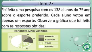 Foi feita uma pesquisa com os 138 alunos do 7º ano
sobre o esporte preferido. Cada aluno votou em
apenas um esporte. Observe o gráfico que foi feito
com as respostas obtidas:
Item 27
 