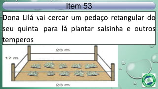 Dona Lilá vai cercar um pedaço retangular do
seu quintal para lá plantar salsinha e outros
temperos
Item 53
 