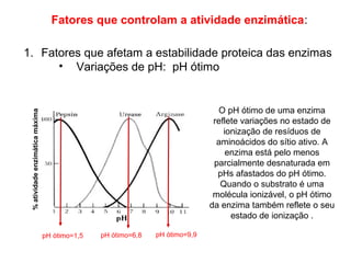 % atividade enzimática máxima 
Fatores que controlam a atividade enzimática: 
1. Fatores que afetam a estabilidade proteica das enzimas 
• Variações de pH: pH ótimo 
O pH ótimo de uma enzima 
reflete variações no estado de 
ionização de resíduos de 
aminoácidos do sítio ativo. A 
enzima está pelo menos 
parcialmente desnaturada em 
pHs afastados do pH ótimo. 
Quando o substrato é uma 
molécula ionizável, o pH ótimo 
da enzima também reflete o seu 
estado de ionização . 
pH ótimo=1,5 pH ótimo=6,8 pH ótimo=9,9 
 