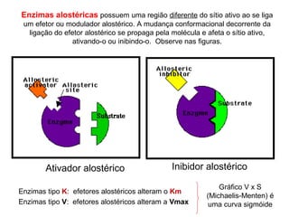 Enzimas alostéricas possuem uma região diferente do sítio ativo ao se liga 
um efetor ou modulador alostérico. A mudança conformacional decorrente da 
ligação do efetor alostérico se propaga pela molécula e afeta o sítio ativo, 
ativando-o ou inibindo-o. Observe nas figuras. 
Ativador alostérico Inibidor alostérico 
Enzimas tipo K: efetores alostéricos alteram o Km 
Enzimas tipo V: efetores alostéricos alteram a Vmax 
Gráfico V x S 
(Michaelis-Menten) é 
uma curva sigmóide 
 