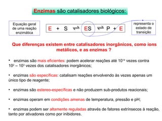 Enzimas são catalisadores biológicos: 
E + S ES P + E 
Equação geral 
de uma reação 
enzimática 
representa o 
estado de 
transição 
Que diferenças existem entre catalisadores inorgânicos, como íons 
metálicos, e as enzimas ? 
• enzimas são mais eficientes: podem acelerar reações até 1014 vezes contra 
102 – 103 vezes dos catalisadores inorgânicos; 
• enzimas são específicas: catalisam reações envolvendo às vezes apenas um 
único tipo de reagente; 
• enzimas são estereo-específicas e não produzem sub-produtos reacionais; 
• enzimas operam em condições amenas de temperatura, pressão e pH; 
• enzimas podem ser altamente reguladas através de fatores extrínsecos à reação, 
tanto por ativadores como por inibidores. 
 