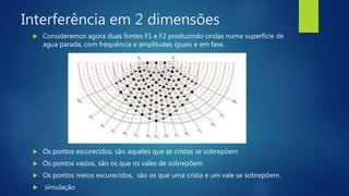 Interferência em 2 dimensões
 Consideremos agora duas fontes F1 e F2 produzindo ondas numa superfície de
agua parada, com frequência e amplitudes iguais e em fase.
 Os pontos escurecidos, são aqueles que as cristas se sobrepõem
 Os pontos vazios, são os que os vales de sobrepõem
 Os pontos meios escurecidos, são os que uma crista e um vale se sobrepõem.
 simulação
 