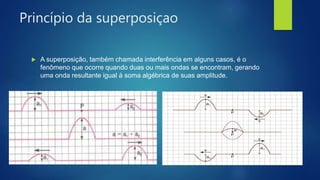 Princípio da superposiçao
 A superposição, também chamada interferência em alguns casos, é o
fenômeno que ocorre quando duas ou mais ondas se encontram, gerando
uma onda resultante igual à soma algébrica de suas amplitude.
 