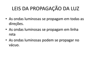 LEIS DA PROPAGAÇÃO DA LUZ
• As ondas luminosas se propagam em todas as
direções.
• As ondas luminosas se propagam em linha
reta
• As ondas luminosas podem se propagar no
vácuo.

 