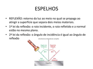 ESPELHOS
• REFLEXÃO: retorno da luz ao meio no qual se propaga ao
atingir a superfície que separa dois meios materiais.
• 1ª lei da reflexão: o raio incidente, o raio refletido e a normal
estão no mesmo plano.
• 2ª lei da reflexão: o ângulo de incidência é igual ao ângulo de
reflexão

 