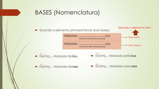 BASES (Nomenclatura)
 Quando o elemento principal forma duas bases:
 Fe(OH)3 – Hidróxido férrico
 Fe(OH)2 – Hidróxido ferroso
Hidróxido ................................ico
(nome do elemento principal)
Hidróxido ................................oso
(nome do elemento principal)
Nox maior
Nox menor
Quando o elemento tem...
 Sn(OH)4 – Hidróxido estânico
 Sn(OH)2 – Hidróxido estanoso
+3
+2
+4
+2
 