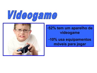 -52% tem um aparelho de
videogame
-10% usa equipamentos
móveis para jogar
 