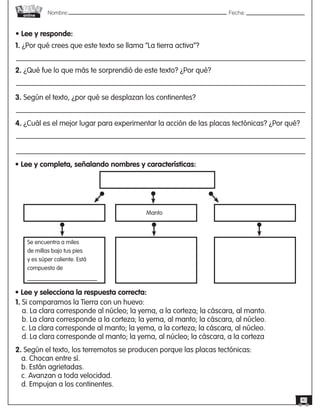Nombre: 	Fecha:online
40
• Lee y responde:
1. ¿Por qué crees que este texto se llama “La tierra activa”?
2. ¿Qué fue lo que más te sorprendió de este texto? ¿Por qué?
3. Según el texto, ¿por qué se desplazan los continentes?
4. ¿Cuál es el mejor lugar para experimentar la acción de las placas tectónicas? ¿Por qué?
• Lee y completa, señalando nombres y características:
Manto
Se encuentra a miles
de millas bajo tus pies
y es súper caliente. Está
compuesto de
• Lee y selecciona la respuesta correcta:
1. Si comparamos la Tierra con un huevo:
a. La clara corresponde al núcleo; la yema, a la corteza; la cáscara, al manto.
b. La clara corresponde a la corteza; la yema, al manto; la cáscara, al núcleo.
c. La clara corresponde al manto; la yema, a la corteza; la cáscara, al núcleo.
d. La clara corresponde al manto; la yema, al núcleo; la cáscara, a la corteza
2. Según el texto, los terremotos se producen porque las placas tectónicas:
a. Chocan entre sí.
b. Están agrietadas.
c. Avanzan a toda velocidad.
d. Empujan a los continentes.
 