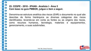 Prof. Ms. Dimas Francisco 7
25. CESPE - 2018 - IPHAN - Analista I - Área 5
Com base no guia PMBOK, julgue o item a seguir.
Denomina-se estrutura analítica dos riscos (EAR) o documento no qual são
descritas de forma hierárquica as diversas categorias dos riscos
identificados, levando-se em conta as fontes ou as origens dos riscos,
como recursos humanos, tecnologia, materiais e equipamentos,
gerenciamento, e suas subdivisões.
 
