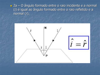  2a – O ângulo formado entre o raio incidente e a normal
(i) é igual ao ângulo formado entre o raio refletido e a
normal (r).
 