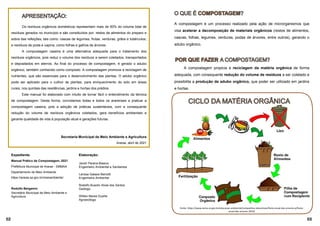 02
Os resíduos orgânicos domésticos representam mais de 50% do volume total de
resíduos gerados no município e são constituídos por: restos de alimentos do preparo e
sobra das refeições, tais como: cascas de legumes, frutas, verduras, grãos e tubérculos;
e resíduos de poda e capina, como folhas e galhos de árvores.
A compostagem caseira é uma alternativa adequada para o tratamento dos
resíduos orgânicos, pois reduz o volume dos resíduos a serem coletados, transportados
e depositados em aterros. Ao final do processo de compostagem, é gerado o adubo
orgânico, também conhecido como composto. A compostagem promove a reciclagem de
nutrientes, que são essenciais para o desenvolvimento das plantas. O adubo orgânico
pode ser aplicado para o cultivo de plantas, para enriquecimento do solo em áreas
rurais, nos quintais das residências, jardins e hortas dos prédios.
Este manual foi elaborado com intuito de tornar fácil o entendimento da técnica
de compostagem. Desta forma, convidamos todas e todos os ararenses a praticar a
compostagem caseira, pois a adoção de práticas sustentáveis, com a consequente
redução do volume de resíduos orgânicos coletados, gera benefícios ambientais e
garante qualidade de vida à população atual e gerações futuras.
Secretaria Municipal de Meio Ambiente e Agricultura
Araras, abril de 2021
Expediente:
Manual Prático de Compostagem, 2021
Prefeitura Municipal de Araras - SMMAA
Departamento de Meio Ambiente
https://araras.sp.gov.br/meioambiente/
Rodolfo Bergamin
Secretário Municipal de Meio Ambiente e
Agricultura
Elaboração:
Jandir Pereira Blasius
Engenheiro Ambiental e Sanitarista
Larissa Galassi Beinotti
Engenheira Ambiental
Rodolfo Busolin Alves dos Santos
Geólogo
Willian Naves Duarte
Agroecólogo
Fonte: https://www.sema.ce.gov.br/educacao-ambiental/campanhas-educativas/festa-anual-das-arvores-p/festa-
anual-das-arvores-2019/
03
A compostagem é um processo realizado pela ação de microrganismos que
visa acelerar a decomposição de materiais orgânicos (restos de alimentos,
cascas, folhas, legumes, verduras, podas de árvores, entre outros), gerando o
adubo orgânico.
A compostagem propicia a reciclagem da matéria orgânica de forma
adequada, com consequente redução do volume de resíduos a ser coletado e
possibilita a produção de adubo orgânico, que poder ser utilizado em jardins
e hortas.
 