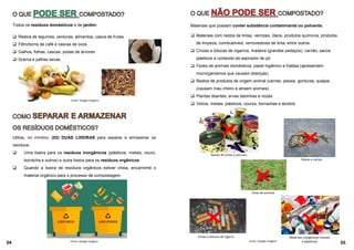 04 Fonte: Google Imagens
Todos os resíduos domésticos e de jardim:
❑ Restos de legumes, verduras, alimentos, casca de frutas
❑ Filtro/borra de café e cascas de ovos
❑ Galhos, folhas, cascas, podas de árvores
❑ Grama e palhas secas
Utilize, no mínimo, (02) DUAS LIXEIRAS para separar e armazenar os
resíduos:
❑ Uma lixeira para os resíduos inorgânicos (plásticos, metais, couro,
borracha e outros) e outra lixeira para os resíduos orgânicos
❑ Quando a lixeira de resíduos orgânicos estiver cheia, encaminhe o
material orgânico para o processo de compostagem
Fonte: Google Imagens
05
Materiais que possam conter substância contaminante ou poluente.
❑ Materiais com restos de tintas, vernizes, óleos, produtos químicos, produtos
de limpeza, combustíveis, removedores de tinta, entre outros
❑ Cinzas e bitucas de cigarros, madeira (grandes pedaços), carvão, sacos
plásticos e conteúdo de aspirador de pó
❑ Fezes de animais domésticos, papel higiênico e fraldas (apresentam
microrganismos que causam doenças)
❑ Restos de produtos de origem animal (carnes, peixes, gorduras, queijos
(causam mau cheiro e atraem animais)
❑ Plantas doentes, ervas daninhas e nozes
❑ Vidros, metais, plásticos, couros, borrachas e tecidos
Fonte: Google Imagens
Restos de tintas e vernizes
Peixes e carnes
Fezes de animais
Cinzas e bitucas de cigarro Materiais inorgânicos (metais
e plásticos)
 