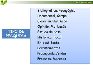 Profª Tereza Kelly
TIPO DE
PESQUISA
Bibliográfica, Pedagógica
Documental, Campo
Experimental, Ação
Opinião, Motivação
Estudo de Caso
Histórica, Focal
Ex-post-facto
Levantamentos
Propaganda,Vendas
Produtos, Mercado
 