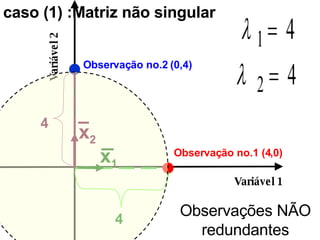 Variável 1 Variável 2 Observação no.1 (4,0) Observação no.2 (0,4) 4 4 Observações NÃO redundantes caso (1) :Matriz não singular  caso (1) :Matriz não singular  x 1 x 2 