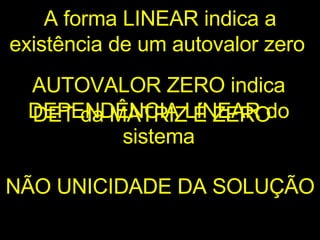 A forma LINEAR indica a existência de um autovalor zero  AUTOVALOR ZERO indica DEPENDÊNCIA LINEAR do sistema DET da MATRIZ É ZERO  NÃO UNICIDADE DA SOLUÇÃO  