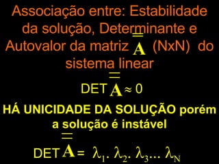 HÁ UNICIDADE DA SOLUÇÃO porém a solução é instável DET =          A DET   0  A Associação entre: Estabilidade da solução, Determinante e Autovalor da matriz  (NxN)  do sistema linear A 