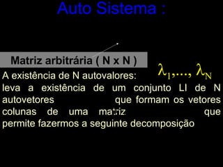 Auto Sistema : Matriz arbitrária ( N x N )     A existência de N autovalores:  leva a existência de um conjunto LI de N autovetores   que formam os vetores colunas de uma matriz que permite fazermos a seguinte decomposi ção  