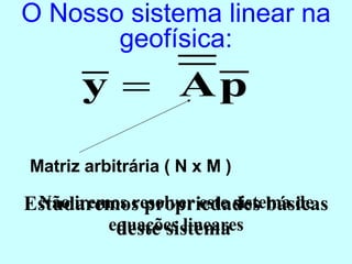 O Nosso sistema linear na geofísica: Matriz arbitrária ( N x M ) Não iremos resolver este sistema de equações lineares Estudaremos propriedades básicas deste sistema  