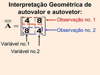 Interpretação Geométrica de autovalor e autovetor: Observação no. 1 Observação no. 2 Variável no.1 Variável no.2 