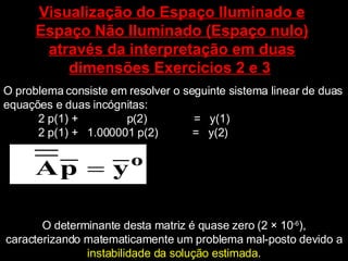 Visualização do Espaço Iluminado e Espaço Não Iluminado (Espaço nulo) através da interpretação em duas dimensões Exercícios 2 e 3   O problema consiste em resolver o seguinte sistema linear de duas equações e duas incógnitas: 2 p(1) +   p(2)  =  y(1) 2 p(1) +  1.000001 p(2)  =  y(2)  O determinante desta matriz é quase zero (2  ×  10 -6 ), caracterizando matematicamente um problema mal-posto devido a  instabilidade da solução estimada . 