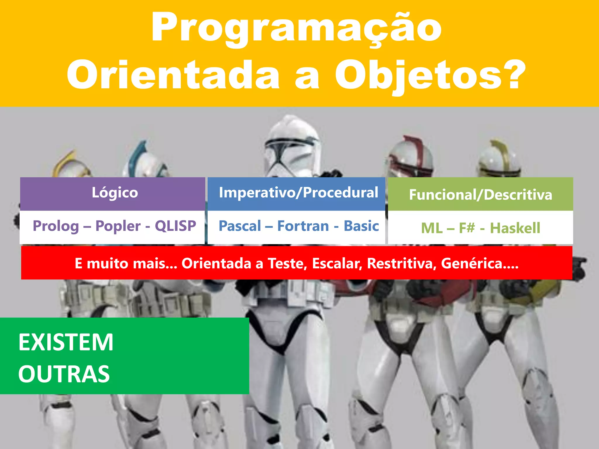 Programação
Orientada a Objetos?
EXISTEM
OUTRAS
E muito mais... Orientada a Teste, Escalar, Restritiva, Genérica....
Lógico
Prolog – Popler - QLISP
Imperativo/Procedural
Pascal – Fortran - Basic
Funcional/Descritiva
ML – F# - Haskell
 