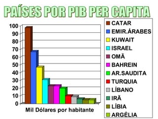 0
10
20
30
40
50
60
70
80
90
100
Mil Dólares por habitante
CATAR
EMIR.ÁRABES
KUWAIT
ISRAEL
OMÃ
BAHREIN
AR.SAUDITA
TURQUIA
LÍBANO
IRÃ
LÍBIA
ARGÉLIA
 
