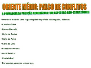 • O Oriente Médio é uma região repleta de pontos estratégicos, observe:
• Canal de Suez
• Bab-el-Mandeb
• Golfo de Ácaba
• Golfo de Áden
• Golfo de Omã
• Estreito de Ormuz
• Golfo Pérsico
• Chat-el-Arab
• Em seguida veremos um por um.
 