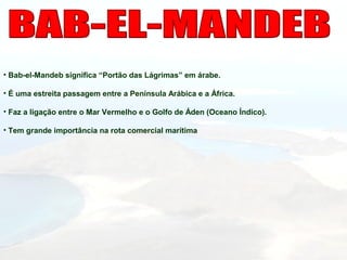 • Bab-el-Mandeb significa “Portão das Lágrimas” em árabe.
• É uma estreita passagem entre a Península Arábica e a África.
• Faz a ligação entre o Mar Vermelho e o Golfo de Áden (Oceano Índico).
• Tem grande importância na rota comercial marítima
 