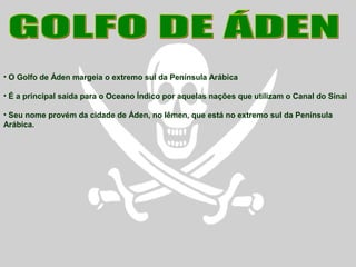 • O Golfo de Áden margeia o extremo sul da Península Arábica
• É a principal saída para o Oceano Índico por aquelas nações que utilizam o Canal do Sinai
• Seu nome provém da cidade de Áden, no Iêmen, que está no extremo sul da Península
Arábica.
 