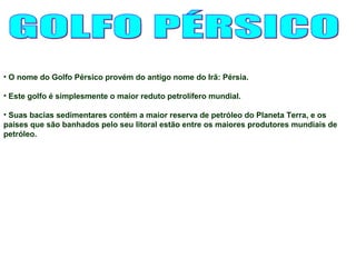 • O nome do Golfo Pérsico provém do antigo nome do Irã: Pérsia. 
• Este golfo é simplesmente o maior reduto petrolífero mundial. 
• Suas bacias sedimentares contém a maior reserva de petróleo do Planeta Terra, e os 
países que são banhados pelo seu litoral estão entre os maiores produtores mundiais de 
petróleo. 
 